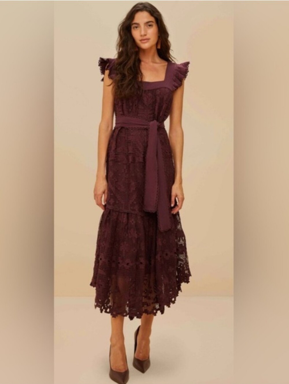 Farm Rio Pineapple Guipure Brown Midi Dress L